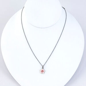 Estate Sterling Silver 925 Crystal Pink Enamel Flower Pendant Necklace 14”-16”